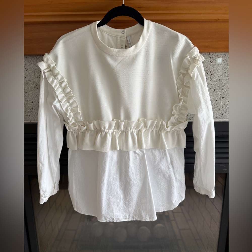 Zara Trafaluc Cream and White Top with Ruffle Shoulder